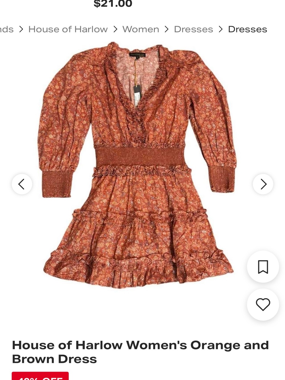 House of Harlow 1960 Orange Floral Smocked-Waist Ruffle Dress - Picture 2 of 7